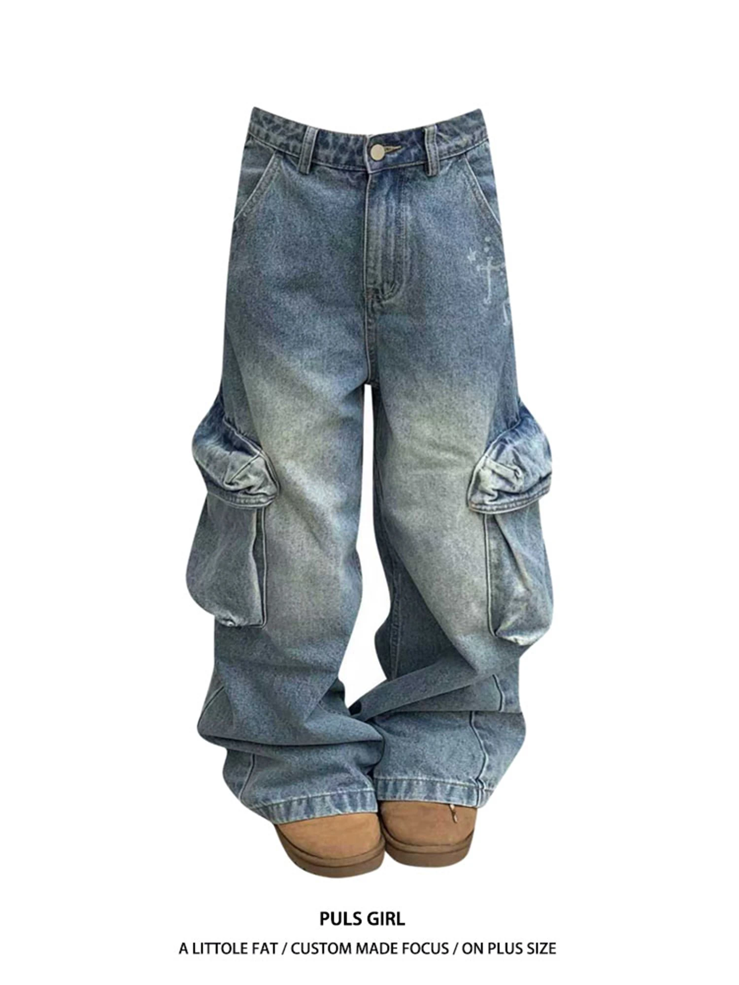 

Y2K Women's High Waist Wide Leg Cargo Jeans Light Blue Washed Oversized Pocket Distressed Vintage Streetwear Denim Trousers
