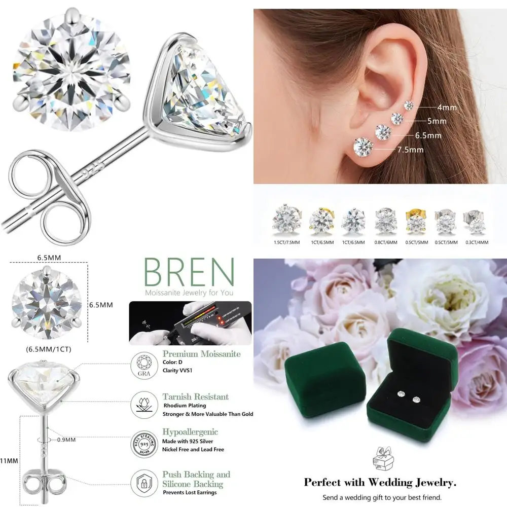 

Sterling Silver Moissanite Stud Earrings, Hypoallergenic Imitation Diamonds for Women and Men - 925 Silver Earrings, Long-Lastin