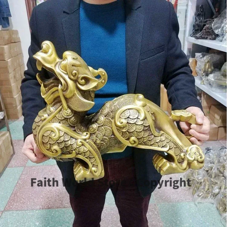 Statue en laiton du dragon mythique PI XIU, talisman de mascotte efficace, grand # HOME House, hall de magasin, hall d'entrée, argent d'affaires mis en œuvre, 38cm
