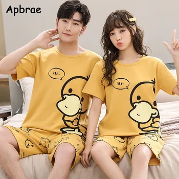 Nova moda verão casal gola redonda pijamas conjunto kawaii pato impressão pijamas para jovens amantes homesuit casal loungewear