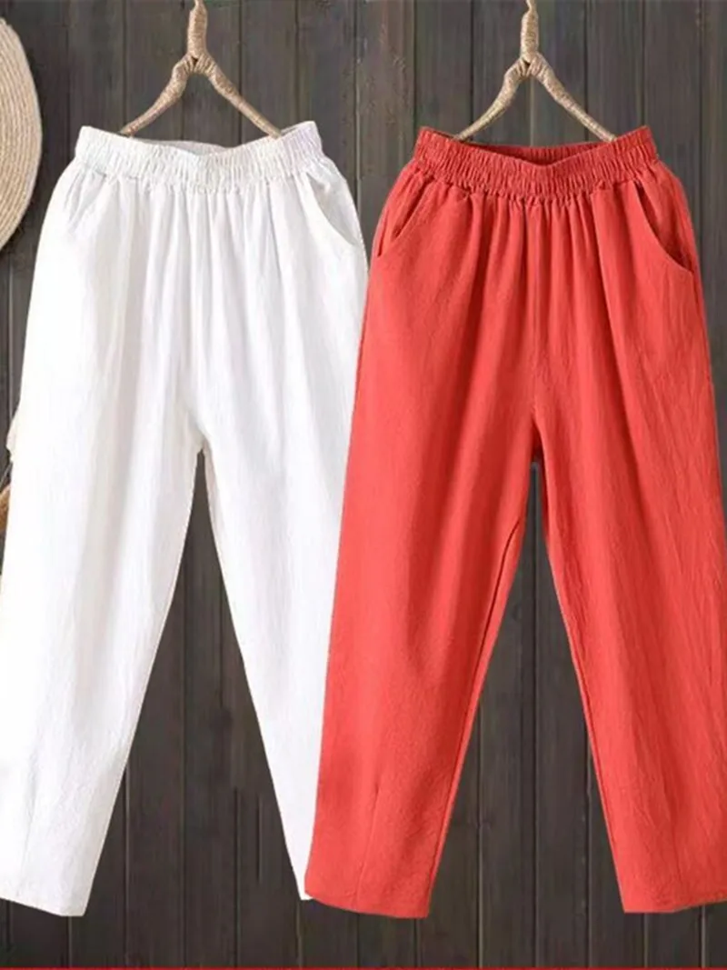 Pantalones de algodón de nueve piezas para mujer, pantalones Harlan informales finos de verano, ocho pantalones sueltos de talla grande con zanahoria, conjunto individual de dos piezas
