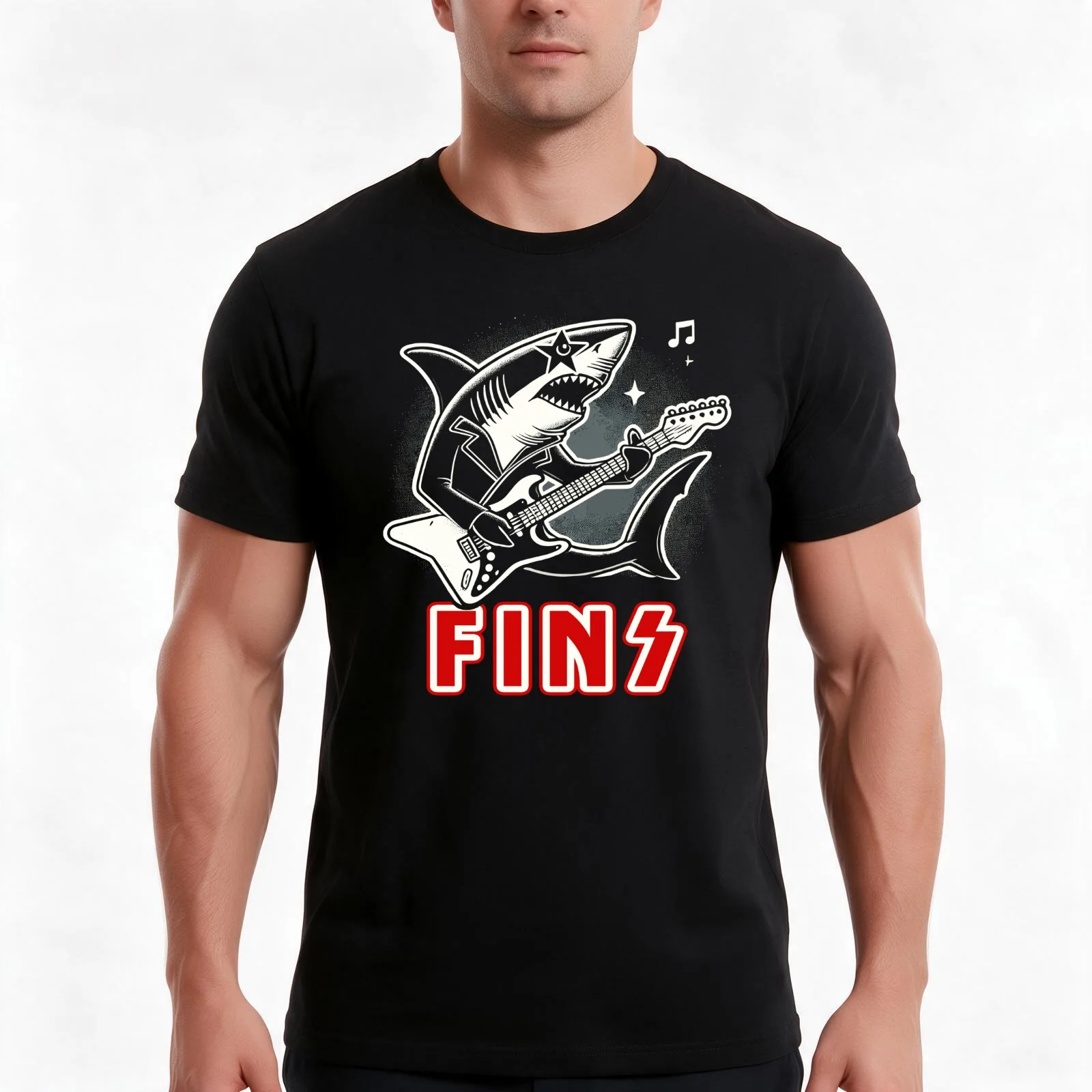 Fins Retro Shark Electric Guitar Rock Concert Festival Music Band Funny Shark T-Shirt Summer Casual Cotton Tee 100% Cotton