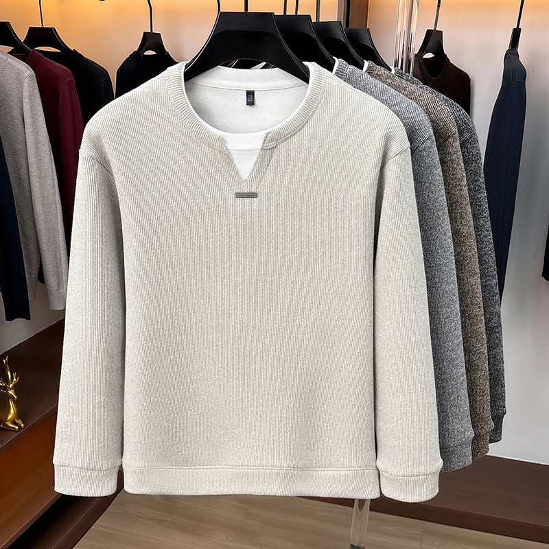 Men's Designer Brand Print Fake Two Piece T-shirt Autumn Comfort O-neck Long Sleeve Solid Color Top Trendy Exquisite Men's Wear