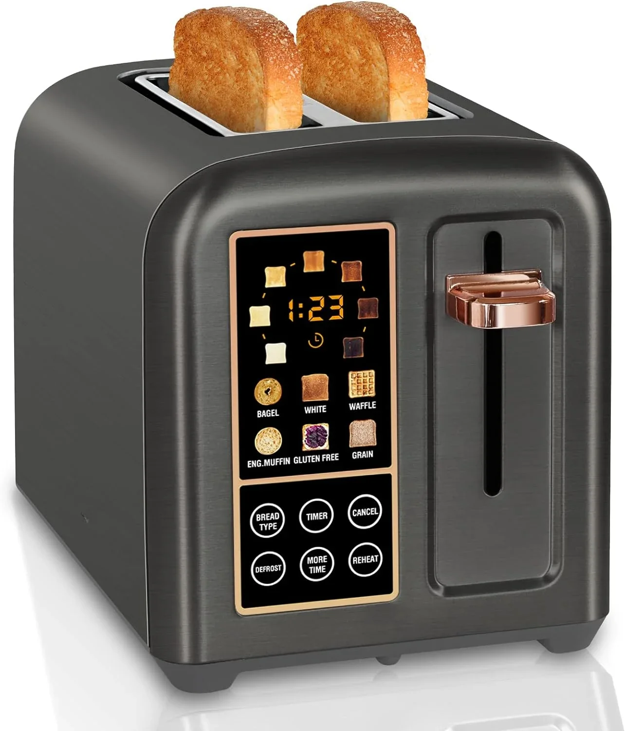 Stainless Toaster LCD Display&Touch Button,50% Faster Heating Speed,4 Basic+More Timer Functions,Removable Crumb Tray