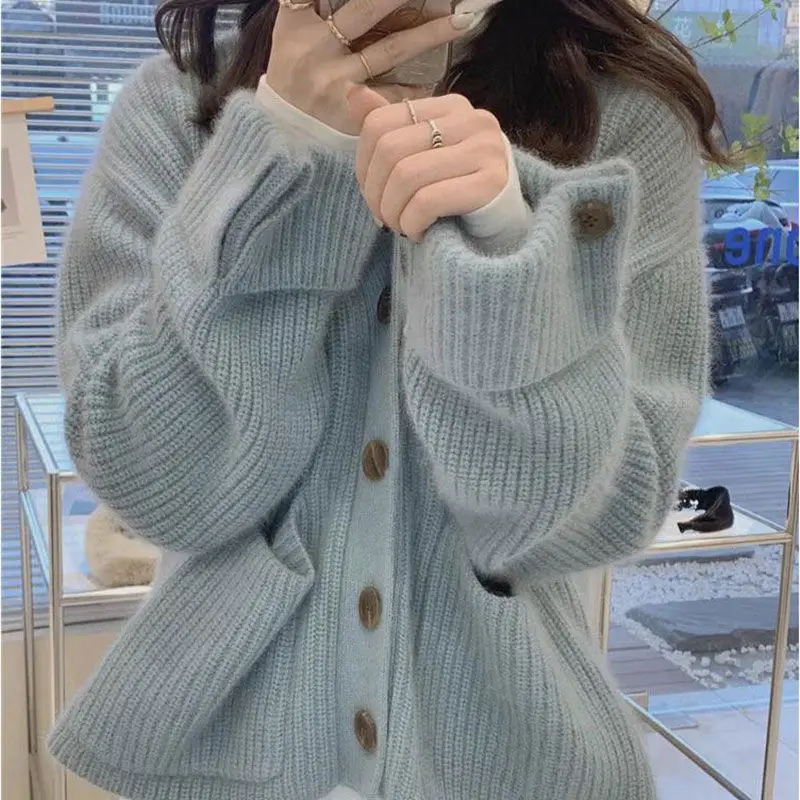 

Women Korean V Neck Cardigan Single Breasted Soft Loose Knit Sweater Coat Versatile Lazy Style Fall Winter Fashion Top