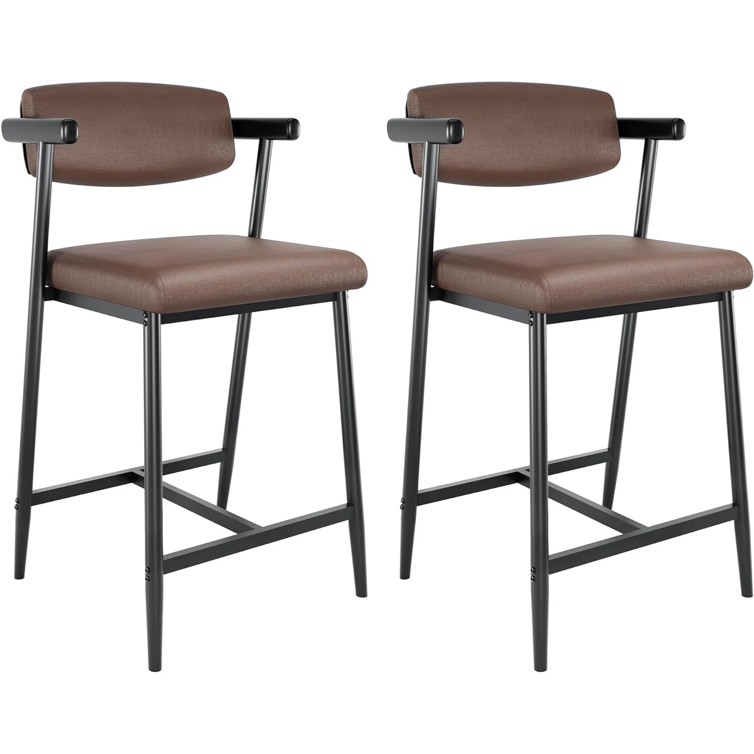 2PCS Counter Height Bar Stools Set with Back & Armrests,Upholstered PU Leather Dining Chairs Metal Base Footrest for Home Bar
