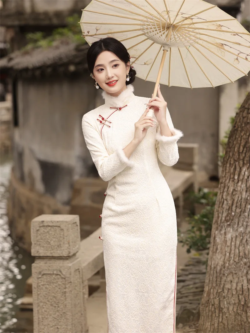 2024 شتاء جديد سميكة المخملية الجانب ثمانية أزرار طويلة شيونغسام الوقوف طوق مزاجه المرأة فستان تشيباو #3