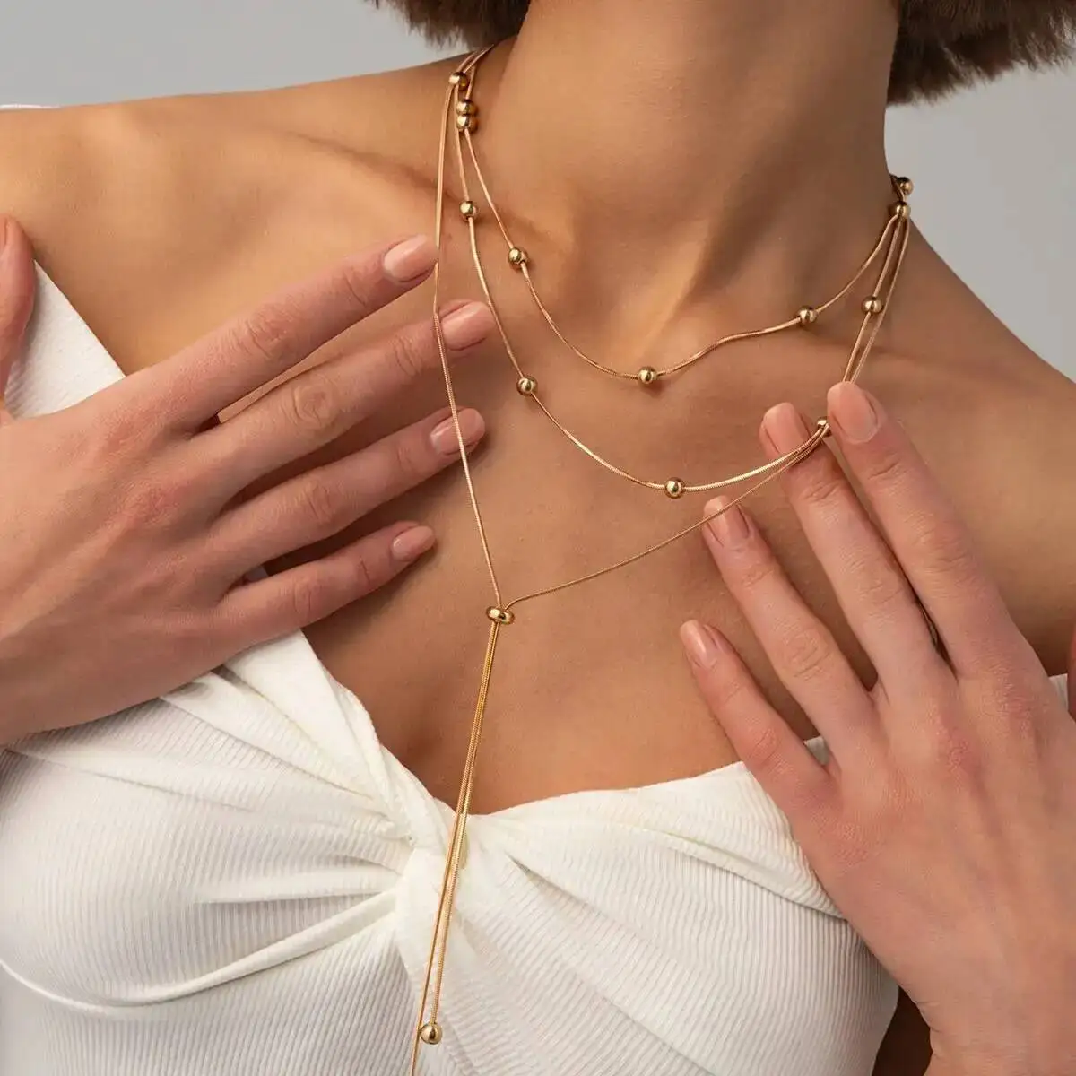 SHIXIN Simple Exquisite Round Beads MultiLayer Pendant Necklace Women Vintage Y-Shaped Snake Chain Casual Versatile Jewelry Gift