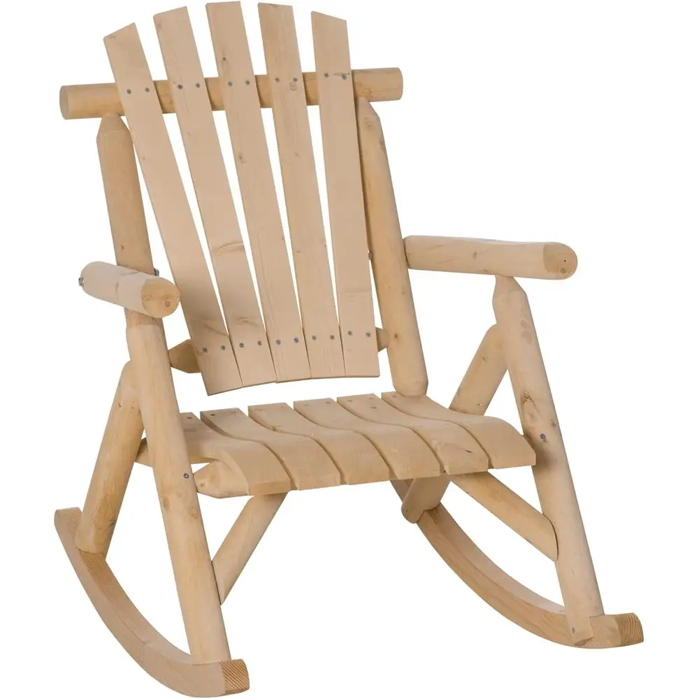 

Single-Person Natural Wooden Adirondack Rocking Chair with Slatted Seat and High Backrest for Patio, Garden, and Porch