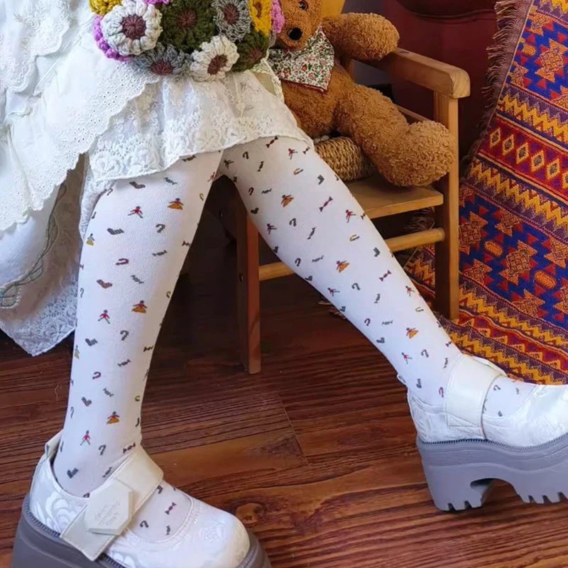 Mori Girl Embroidered Floral Jumpsuit Leggings Women Clothing Colorful Cotton Candy Figure Jacquard Knitted Lolita Leggings A274