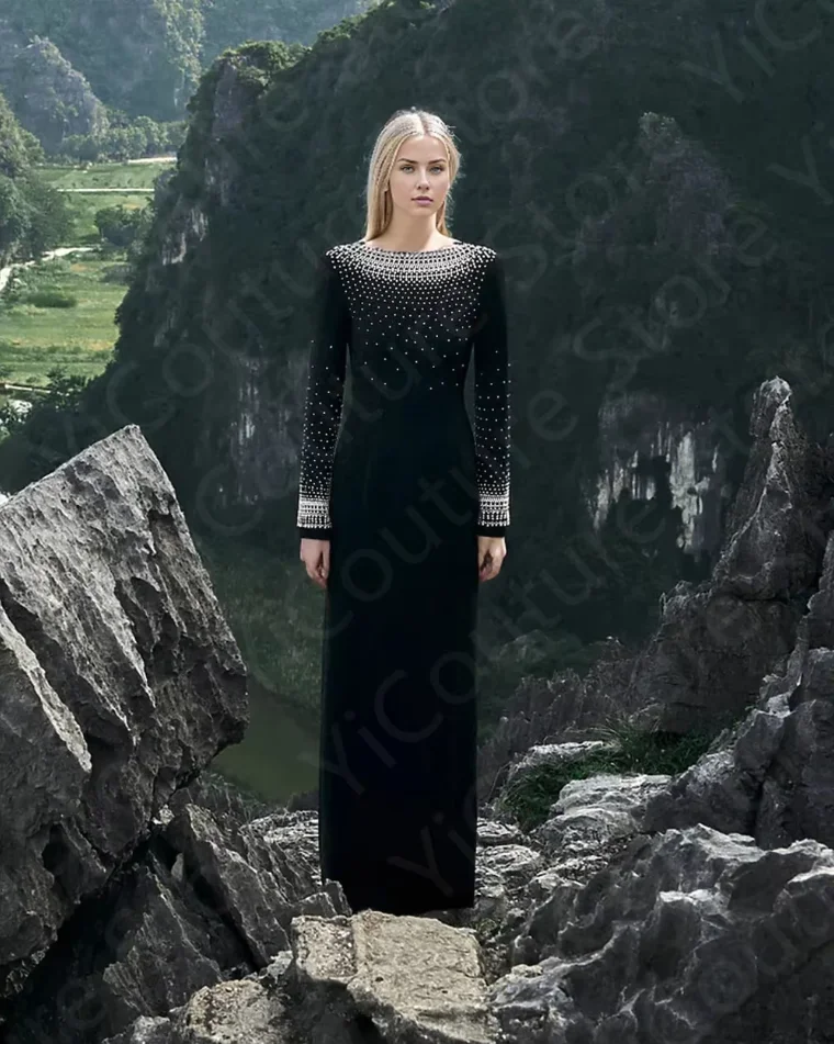 Sukienki wieczorowe w stylu vintage z arabskimi motywami, czarne sukienki na studniówkę, sukienki na przyjęcia z długim rękawem, zdobione koralikami sukienki dla gości weselnych z odkrytymi plecami.