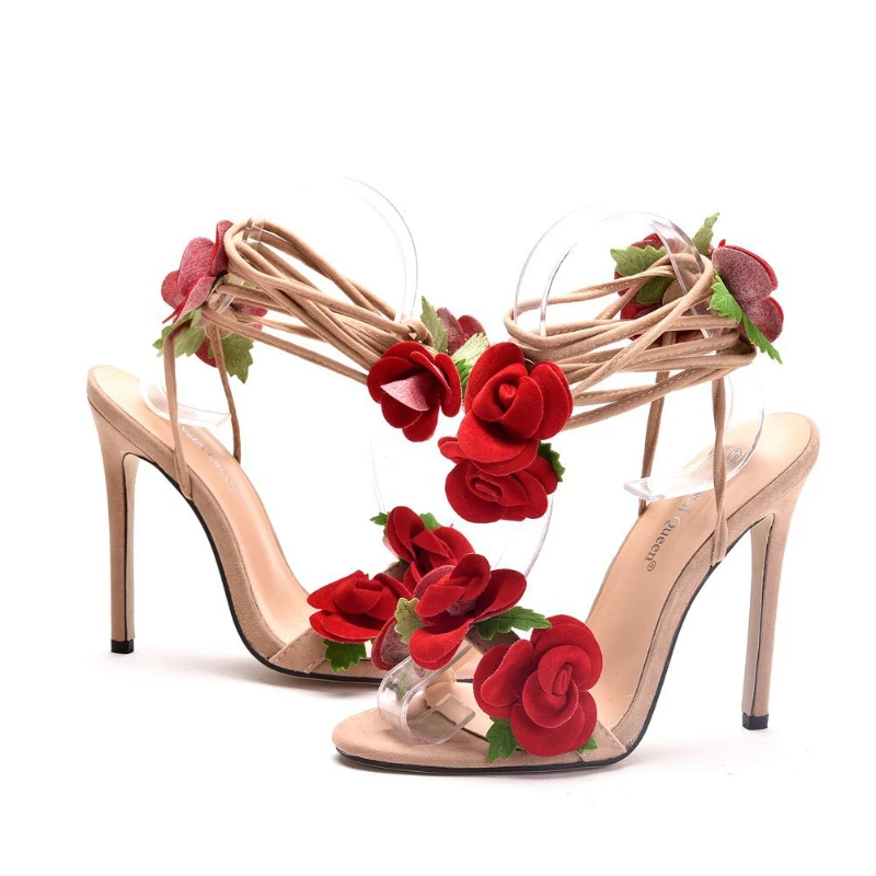 2024 New Satin Rose High Heel Cross Straps Round Head Fine Heel Super High Heel Large Size Strappy Women\'s Sandals Wedding Shoes