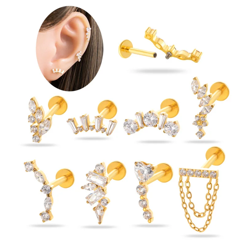 1PC G23 Titanium Ear Stud Internal Thread Flatback Zircon Horse Eye Pendant Lip Stud Earring Cartilage Lobe Piercing Jewelry 16G
