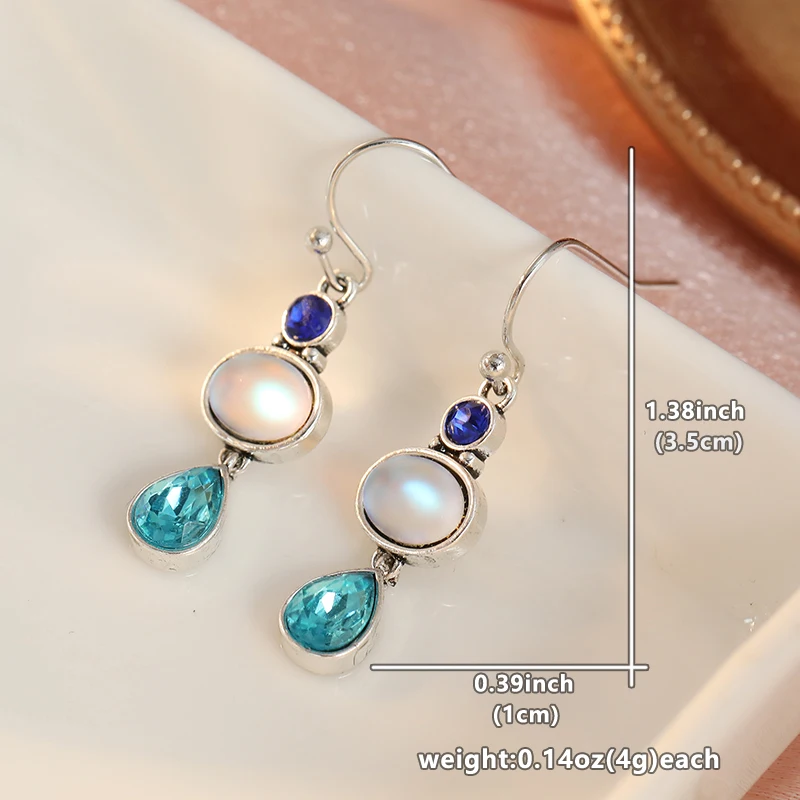 Trendy Inlaid Imitation Moonstone Sea Blue CZ Dangle Women's Earrings Silver Color Geometry Daily Wear Party Jewelry