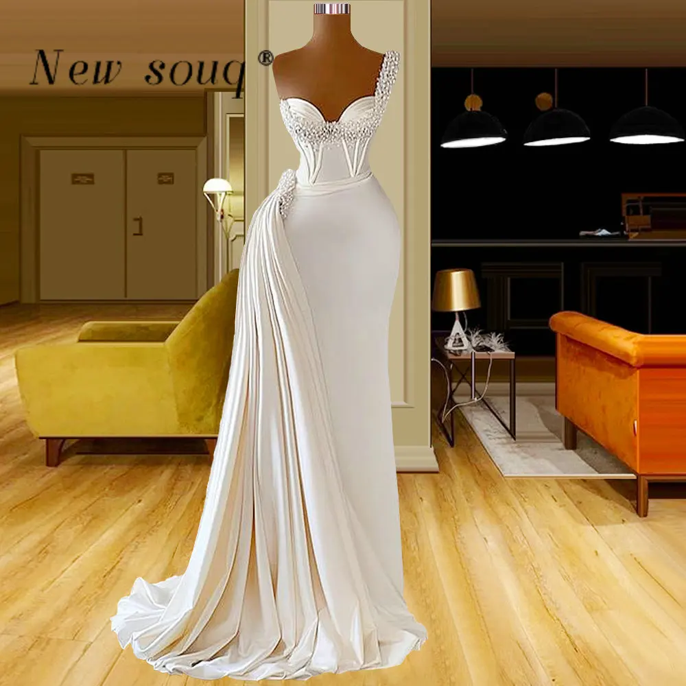 One Shoulder Mermaid Wedding Dresses 2023 Satin Engagement Dress Pearls Bridal Gowns Beaded Elegant Robe De Mariage