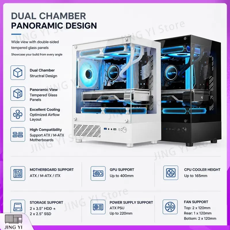 Mini Micro ATX PC Case Vertical Gaming Computer Chassis Tempered Glass Water Cooling Full Transparent Desktop Tower USB 3.0