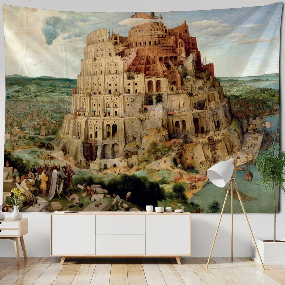 European style landscape oil painting tapestry, home wall hanging fabric, Bohemian, aesthetic, living room, bedroom decoration