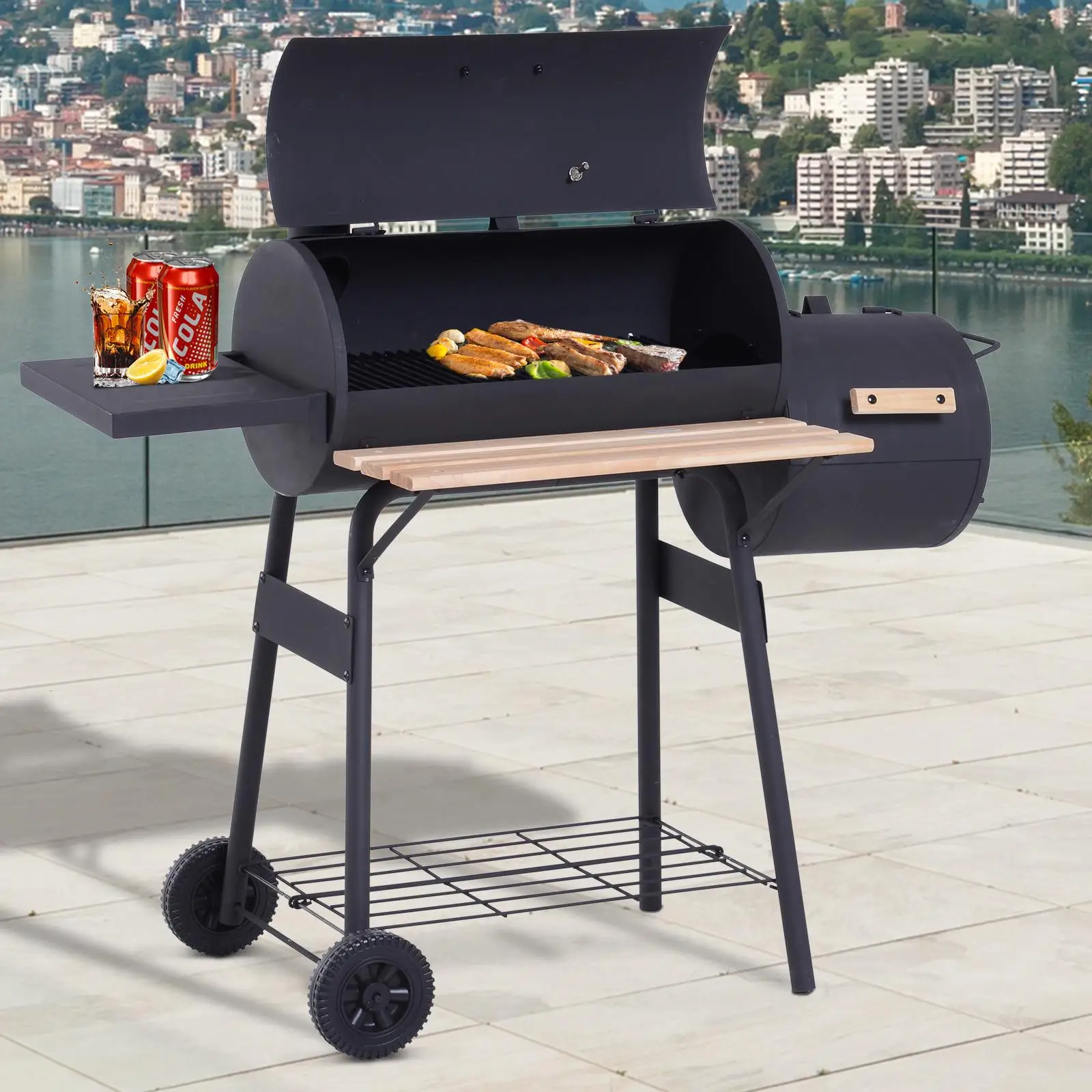 Barbecue multi-feux avec fumoir à charbon, 2 chambres de combustion, thermomètre, poignées en bois, sacs noirs, 124x53x104 cm