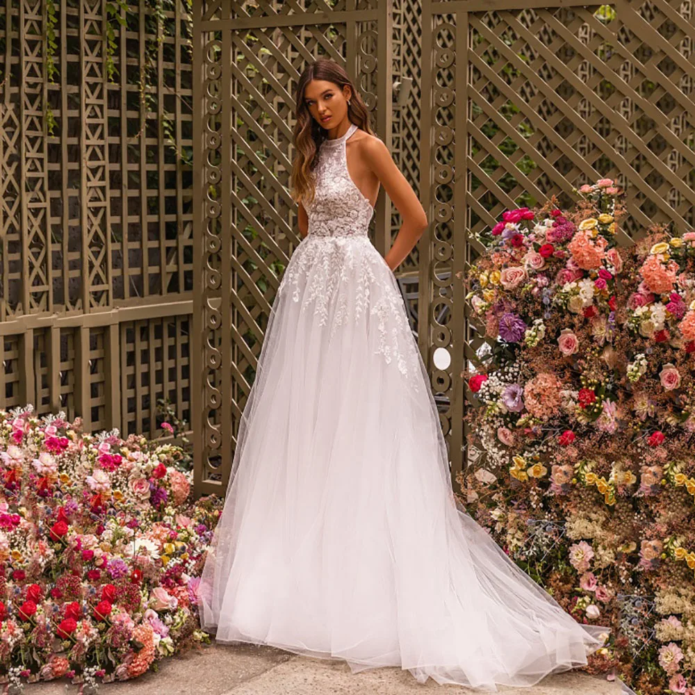 

Msikoods 2025 Boho A Line Wedding Dresses Illusion Lace Appliques Long Sleeve Tulle Deep V Backless Bridal Dresses Customized