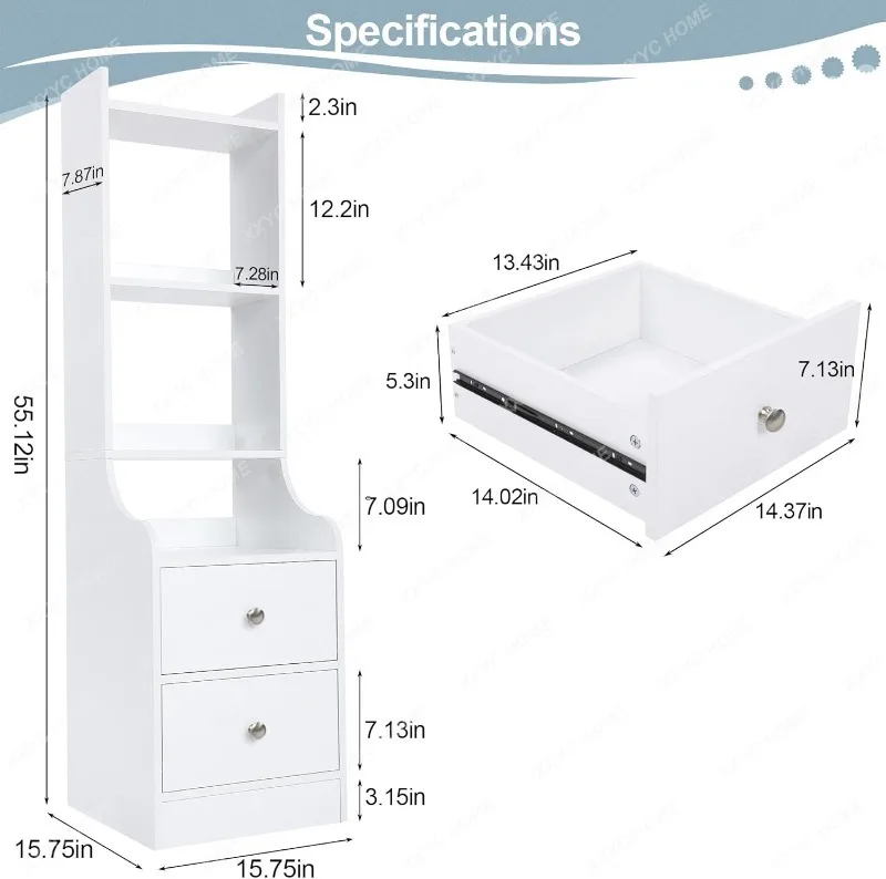 

White Night Stand, 55" Modern Nightstand Bedside Table with 4-Tier Open Shelves & 2 Drawers, Wood Night Stand for Bedroom