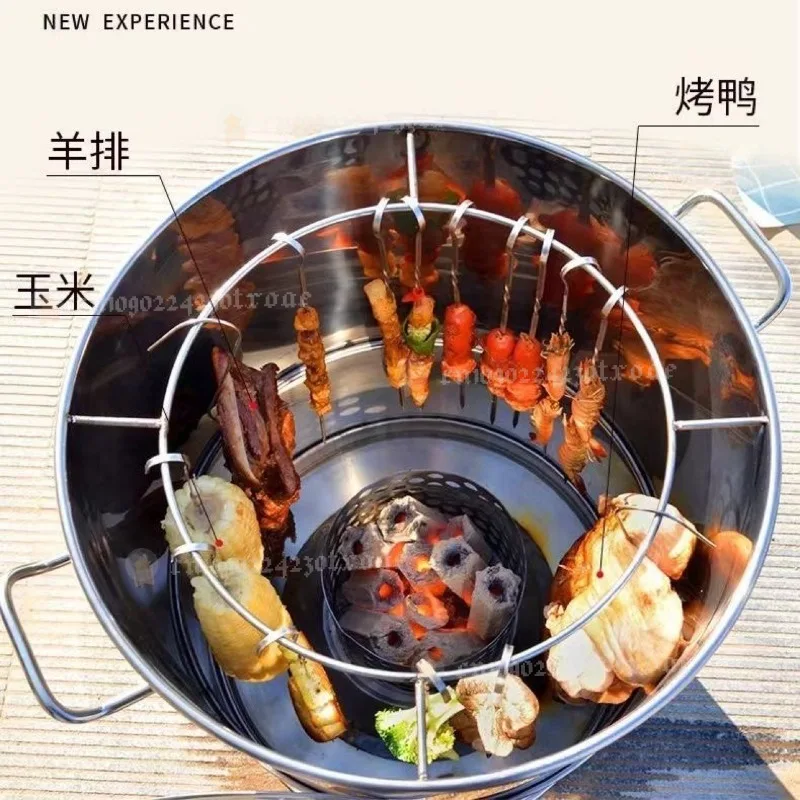 Stainless Steel Hanging BBQ Grill Portable Barrel Oven for Outdoor Camping Roast Chicken Lamb Chops Skewers Smokeless Charcoal