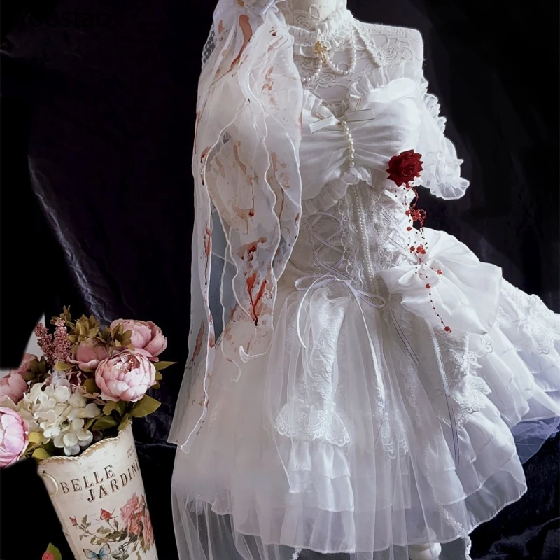 Gothic Lolita Princess Dress Women Vintage Terror Blood Bride Halloween Party Dresses Female Y2k Bandage Rose Lace Mini Vestidos