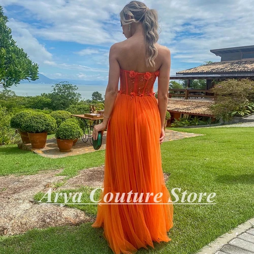 Imagen 2 del producto Vestidos de noche elegantes sin tirantes de color naranja, vestido de dama de honor hasta el suelo de encaje, vestidos de fiesta de tul personalizados con flores