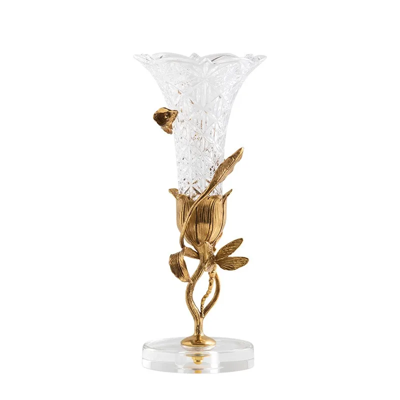 2026 European Crystal Glass Vase With Copper Deco Flower Container Ornament For Living Room Entrance