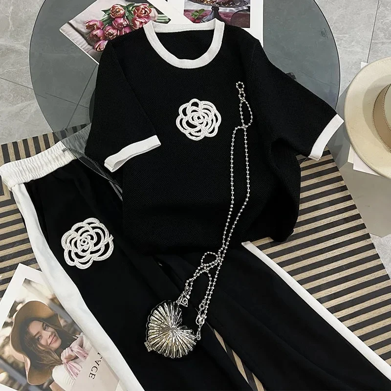 2024 Summer Flowers Short Sleeved T Shirt Pants Suit Women Street Casual Blouse  Female Pullover Rose Embroidered 2 Piece Sets