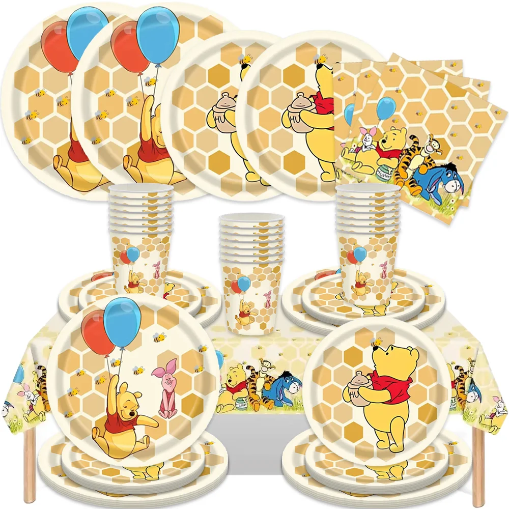 Winnie the Pooh Disposable Party Tableware Paper Plates Cups Napkins Tablecloth Honeycomb Bee Kids Baby Shower Birthday Party