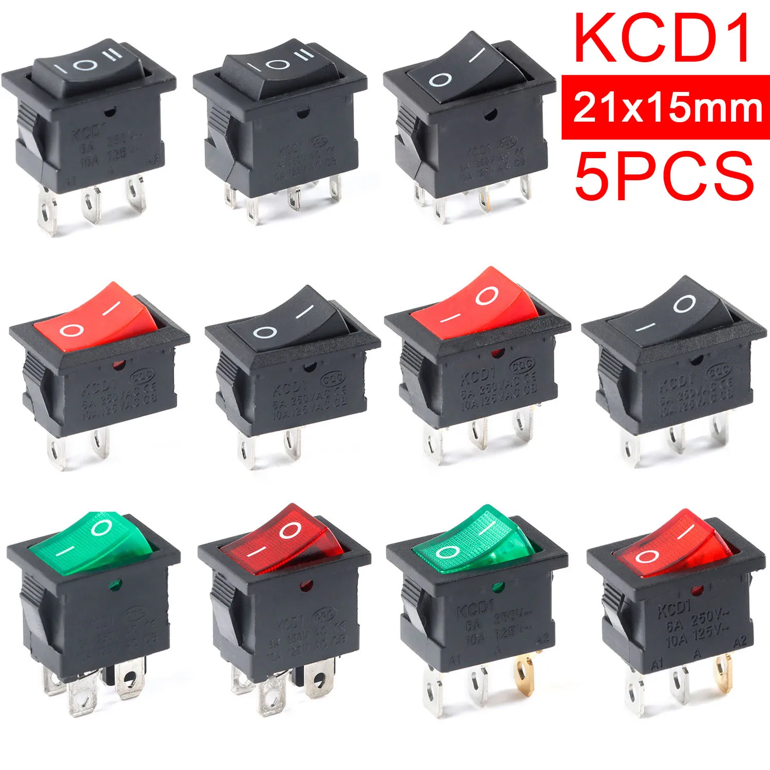 5pcs KCD1 2/3/4/6 Pin Boat Car Rocker Position Power Switch 15mm x 21mm Black Red Green Switches 6A/250V 10A/125V AC Wholesale