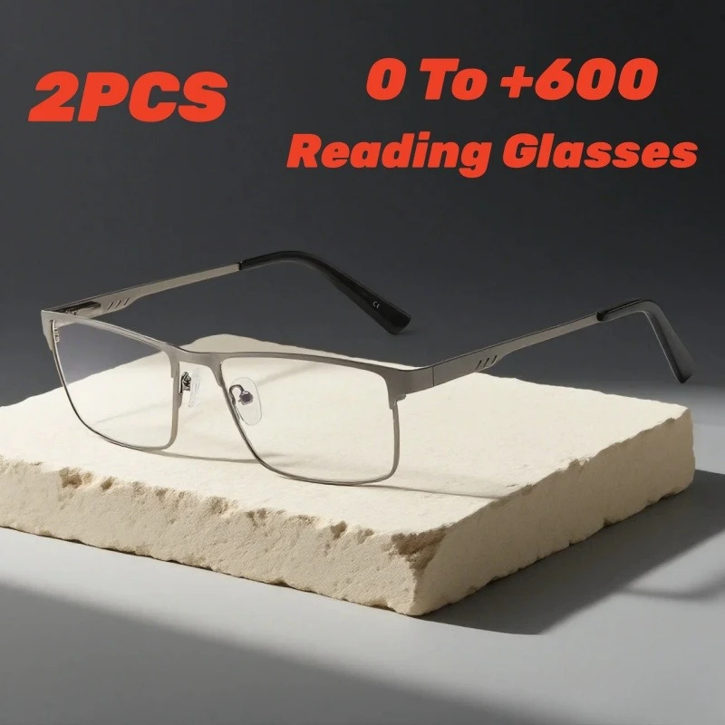 

2PCS Small Square Spring-Leg Reading Glasses Metal Half-Frame Classic Business Eyewear Fashionable and Trendy Presbyopia Glasses