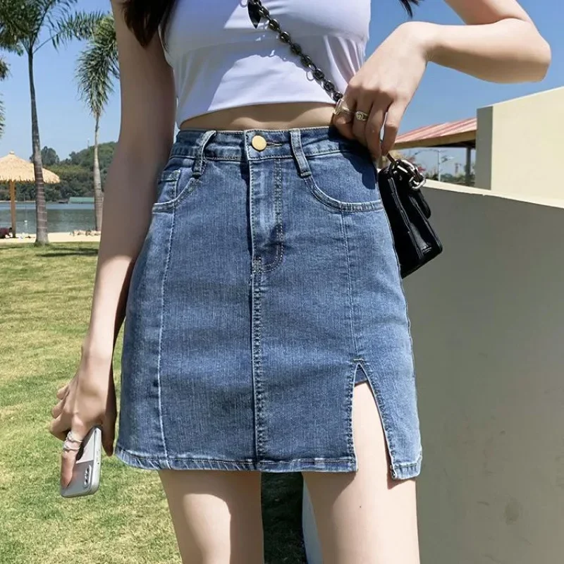 Yüksek Bel Yarık Denim Mini Etek - alternate angle