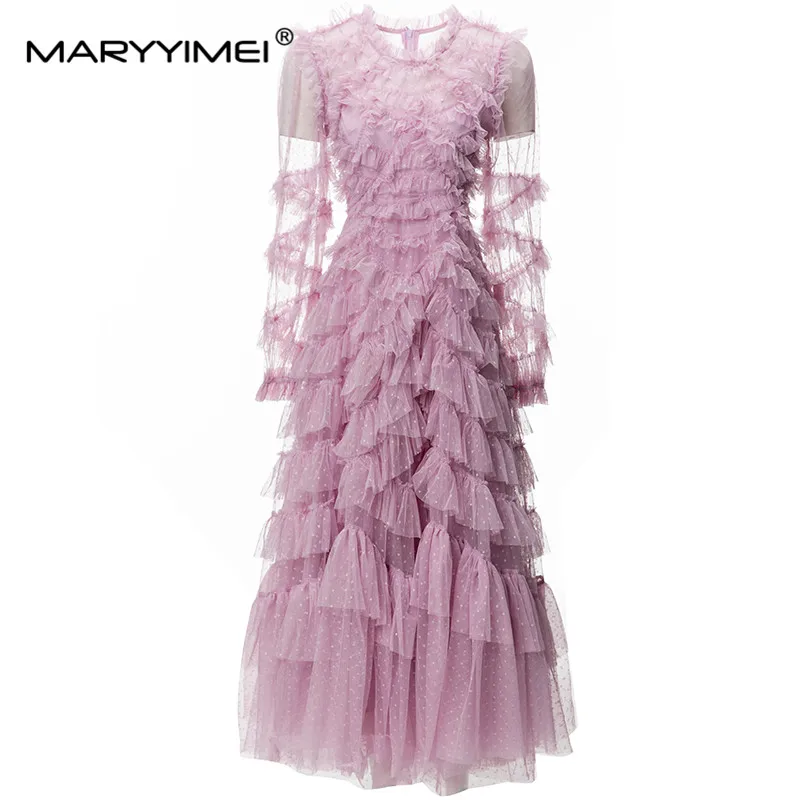 

MARYYIMEI Fashion Designers Summer Women's Dress Long sleeved Edible Tree Fungus Tiered ruffled Mesh Party Elegant Dresses