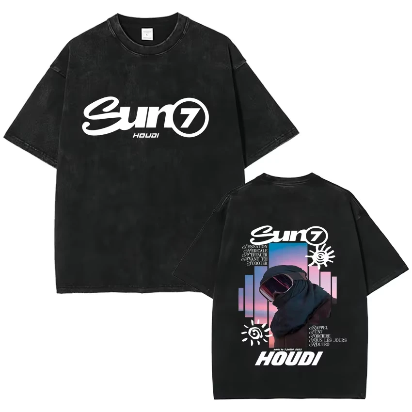 Vintage Washed Rapper HOUDI SUN7 Graphics Hip Hop Oversized T-shirt Mens Womens Streetwear Fashion Harajuku Tee Shirt Teenagers