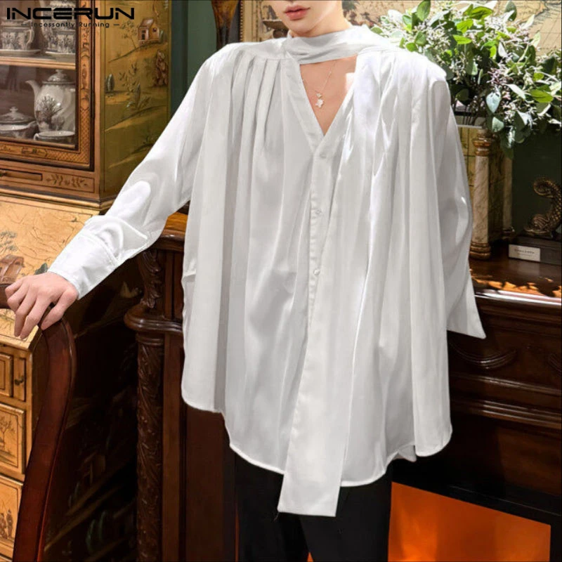INCERUN Men Shirt Solid V Neck Long Sleeve Pleated Loose Men Clothing Streetwear Korean Style Fashion Casual Tops Male Shirts