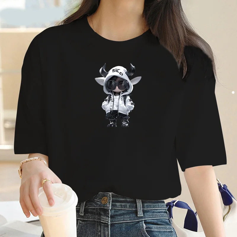 2024 New Women ​T-shirt Fashion cartoon sunglasses Bull T-shirt Street Y2K round neck hot selling comfortable T-shirts for women