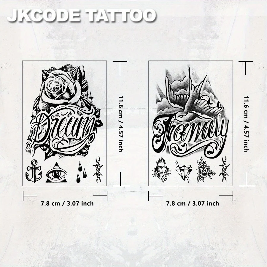 Wasserfestes Design, semi-permanente Tattoos, Tattoo im Retro-Graffiti-Stil – „Familie & Traum“-Motiv mit Rosen und weißen Tauben – modisches englisches Tattoo für Männer – temporäres Tattoo für Hals, Hand und Finger – Detail 7