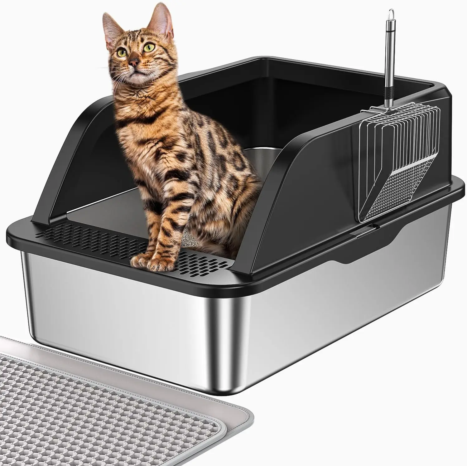 

XL Stainless Steel Litter Box, Extra Large Metal Cat Litter Box with High Sided for Big Cats, Enclosed Litter Boxed with