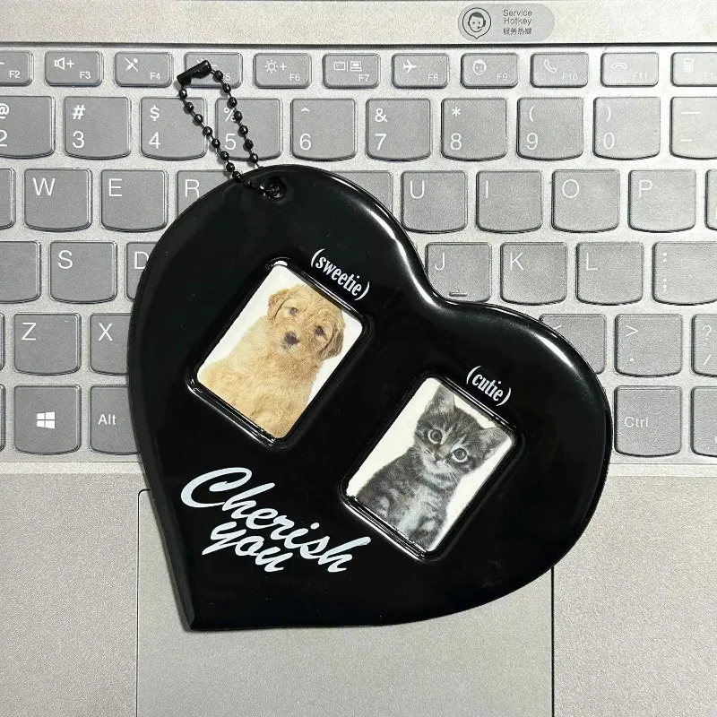 2pcs Pendant Red Heart Shaped ID Card ID Photo Profile Picture Couple Card Case Pendant Keychain Hanging Chain Decoration