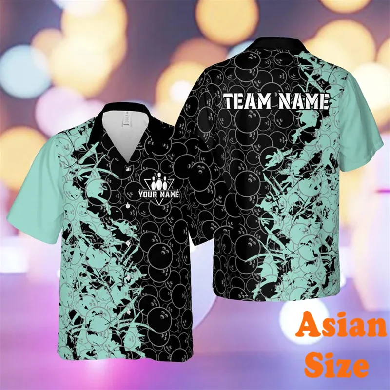 Bowling Sports Graffiti Print Customized Shirt Men Women Asian Size Short Sleeve Button Shirts Summer Breathable Fashion Top