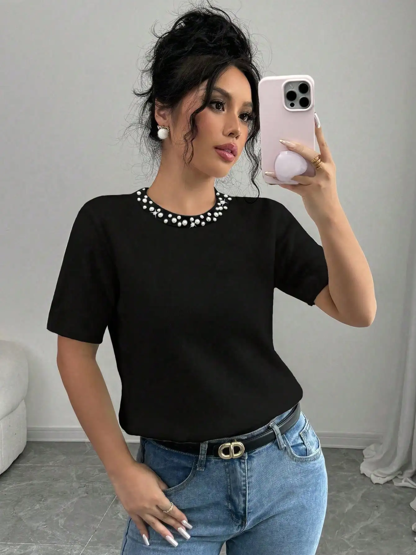 

Women's Black Short Sleeve T-Shirt with Faux Pearl Neckline Decor, Elegant Casual Top