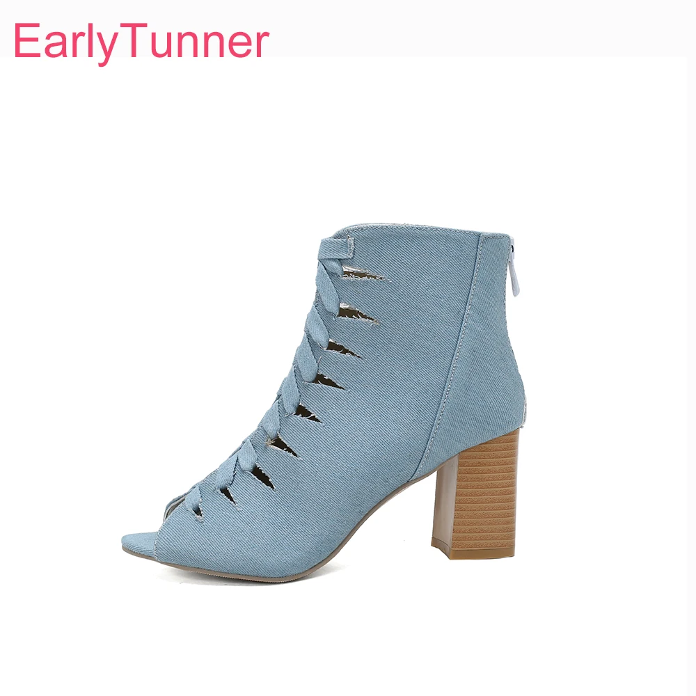 

2026 Summer Breathable Women Ankle Wrap Sandals Denim High Block Heels Lady Shoes Large Plus Size 11 43 48 Round Toe