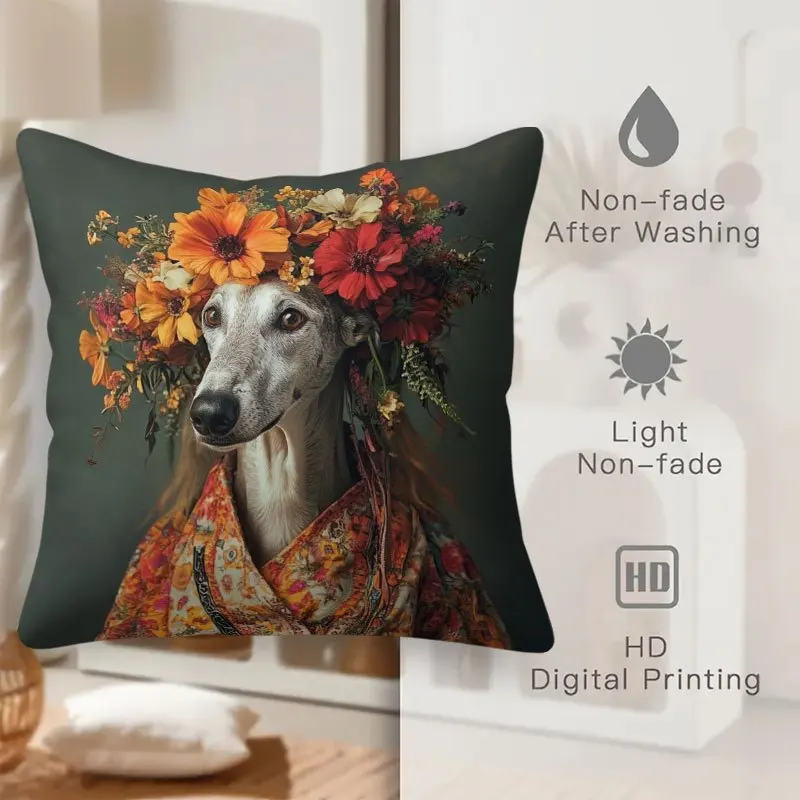 1pc Whippet Dog With Flower Wreath Double‑Sided Print Pillow Cover, Cushion Case for Sofa Bedroom, Insert Not Included