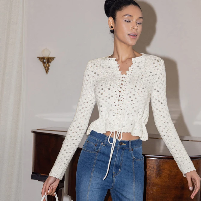 

Charming Hollow out Crochet Knit Sweater Women's Fashion Early Spring Long Sleeve Cotton Top Elegant Style Two Piece Set