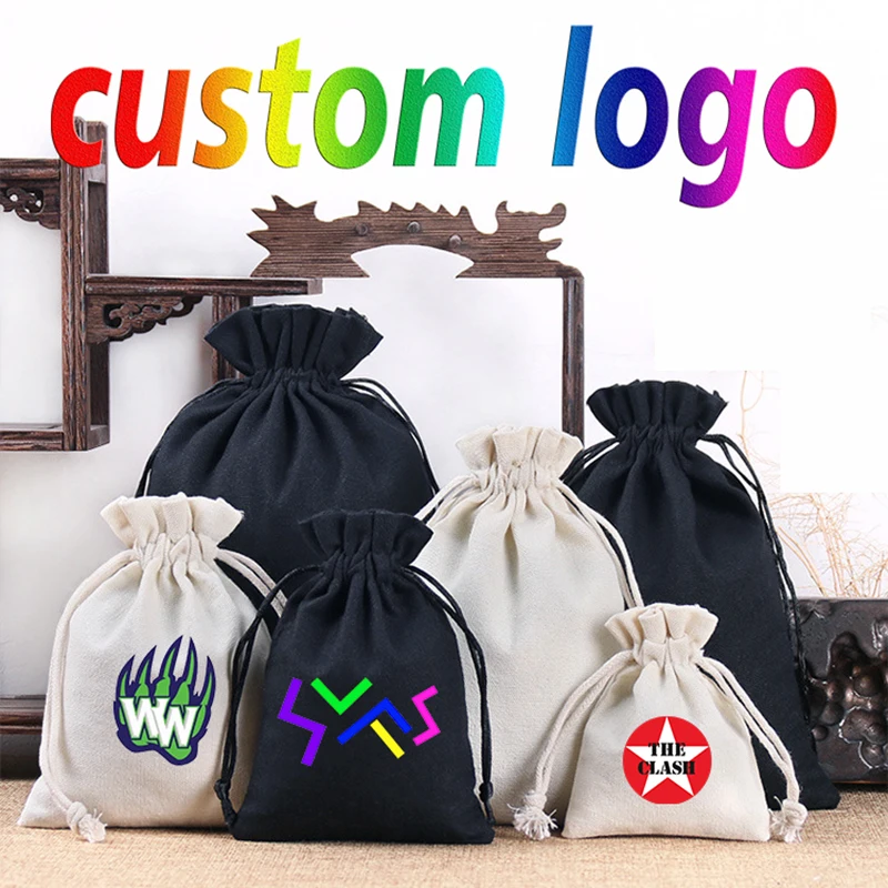 10pcs/Lot Customize Logo Printing Cotton Storage Bags Gift Package Drawstring Pouches Jewelry Bag Promotional Products