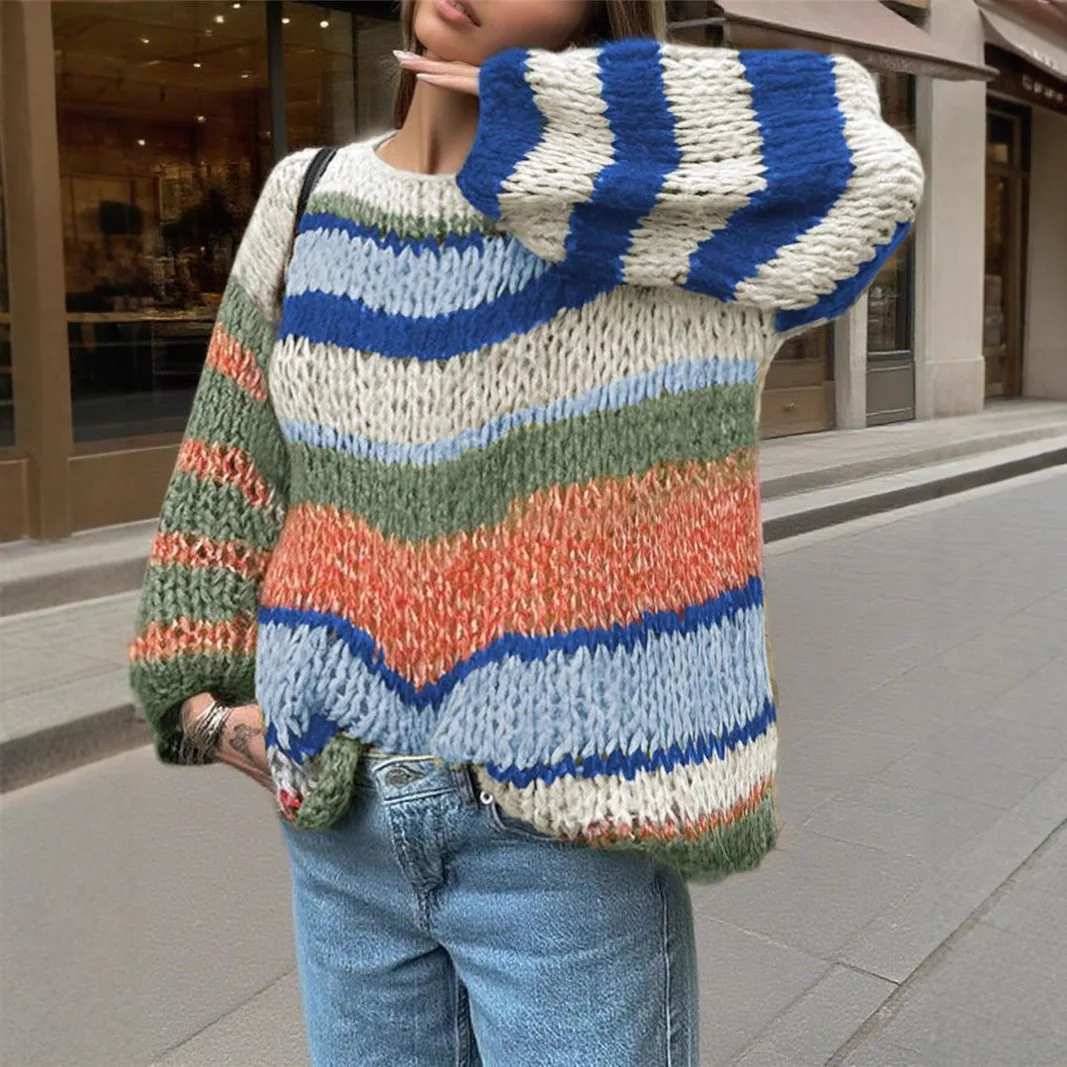 

2025 Women's New Sweater Rainbow Stripe Knitted Pullover Retro Loose Street Style