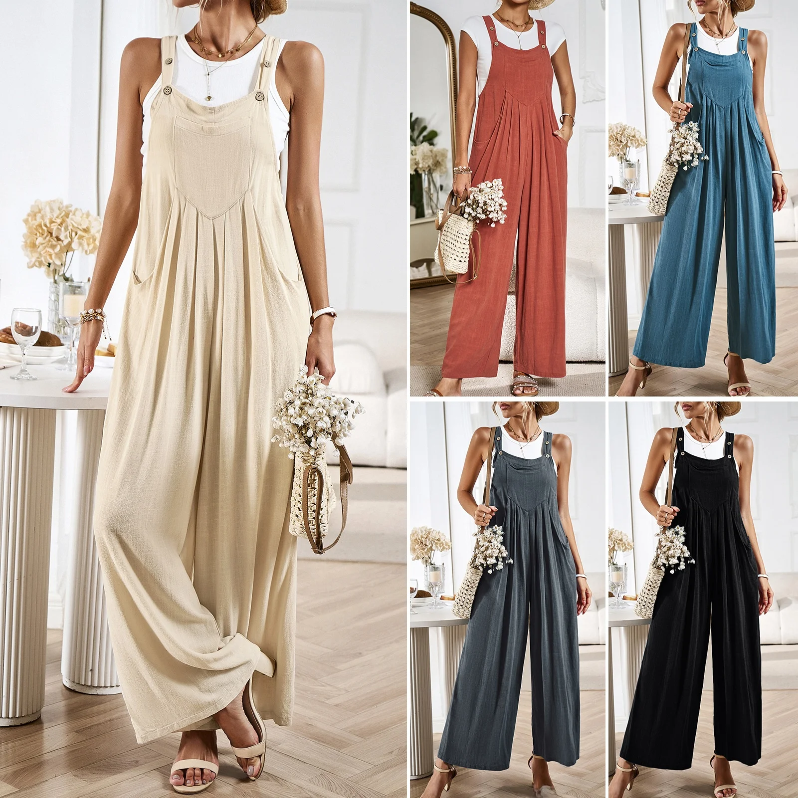 

Summer Loose Wide Leg Overalls Women's Color Strap Pants High Waist Long Trousers Street Sle Pure Color Overall Pants