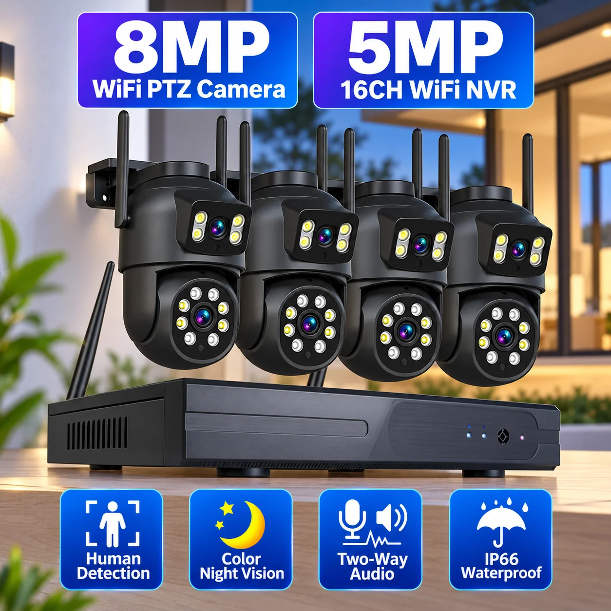 16CH Wireless NVR System Outdoor 4K Dual Lens PTZ Wifi Camera Auto Tracking Home CCTV Security Surveillance Kit 4CH 2 Way Audio