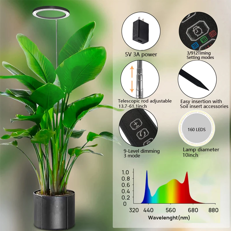 LED Full Spectrum Plant Growing Lamp, plantas de interior, altura ajustável, regulável, grande, Plant Light com temporizador, 10\